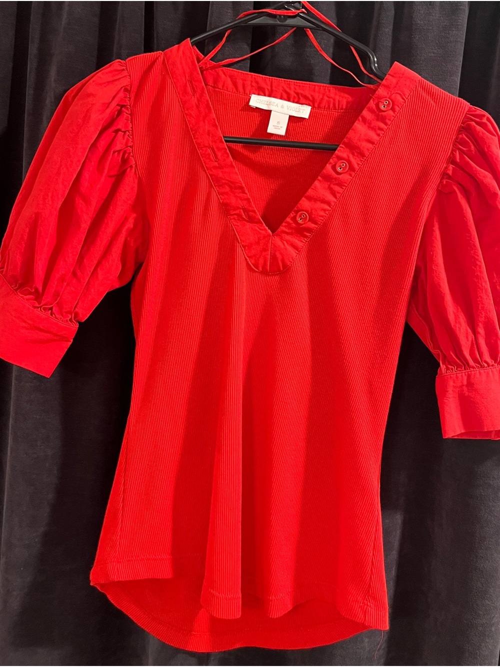 Chelsea & Violet Red Ribbed Puff Sleeve Knit Top | Size Small